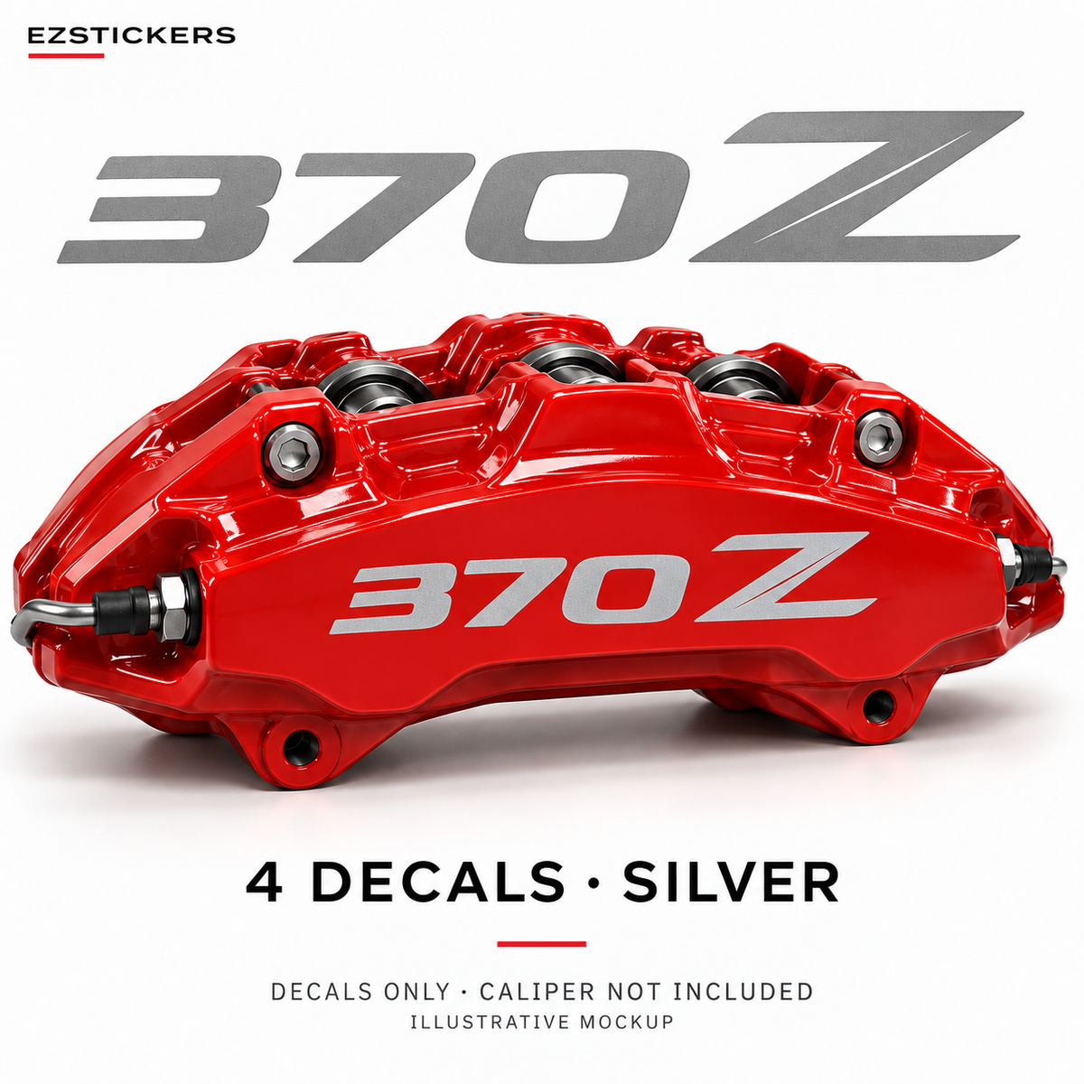 EZSTICKERS illustrative caliper mockup for Nissan 370Z caliper decals — Silver, showing referenced manufacturer/model lettering in Silver; decals only, caliper not included.