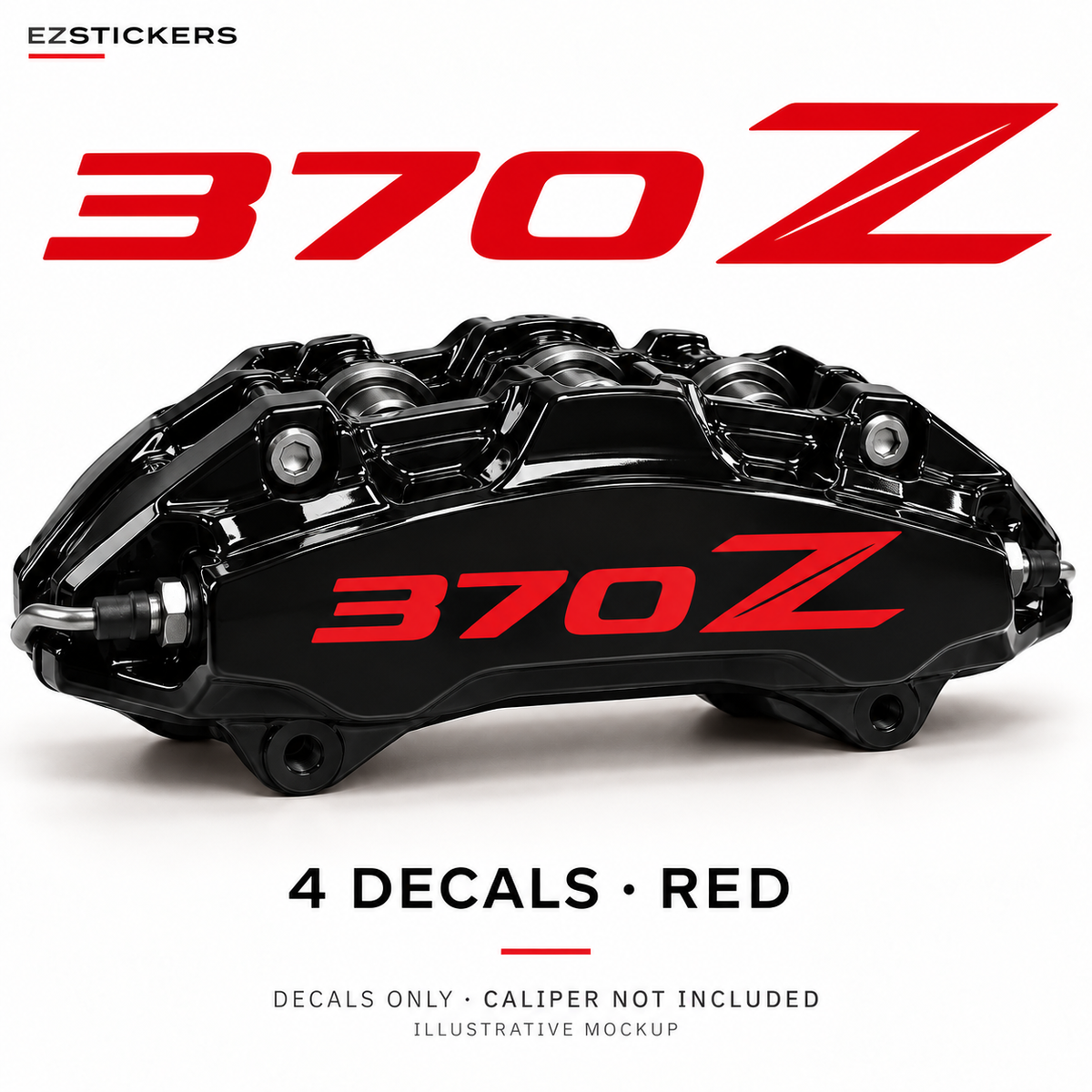 EZSTICKERS illustrative caliper mockup for Nissan 370Z caliper decals — Red, showing referenced manufacturer/model lettering in Red; decals only, caliper not included.