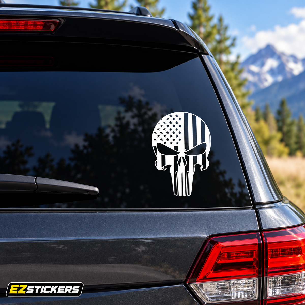 Punisher skull with American flag fill decal — EZSTICKERS reference-accurate product image